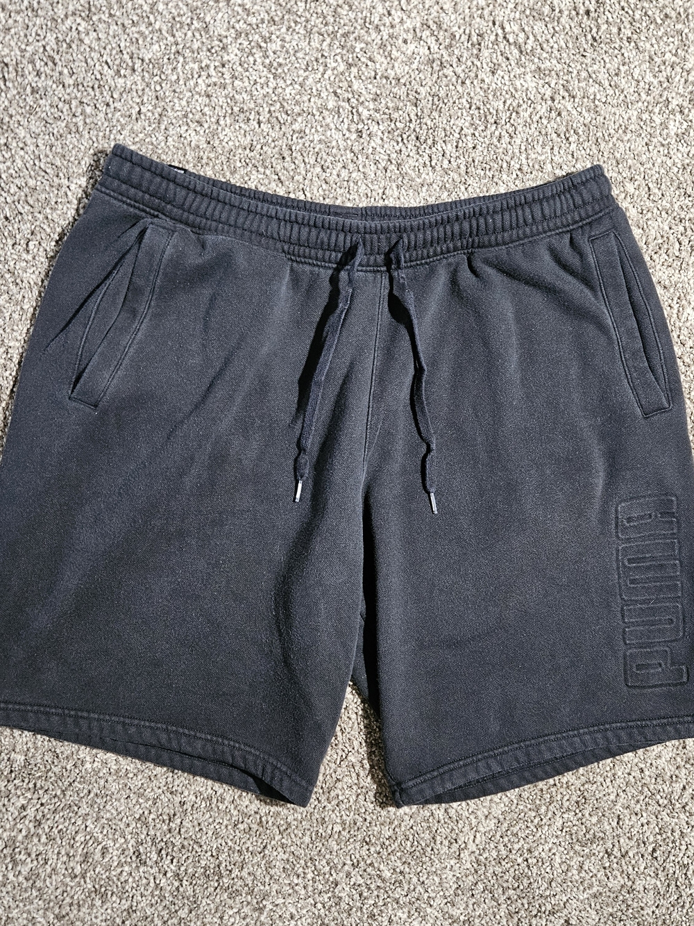 Puma Fleece Sweat Shorts Mens XL Black Embossed Logo Drawstring Pocket Polyester